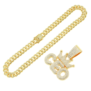 Hip hop gold Cuban chain necklace featuring a crown CEO letter pendant with iced out rhinestones