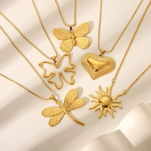 Stainless Steel Gold Plated Butterfly Heart Dragonfly Sun Pendant Necklace Snake Bone Chain Waterproof Jewelry For Women