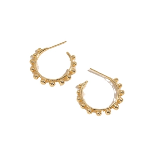 Minimalist 14K gold plated C-shaped hoop earrings with beaded texture on white background