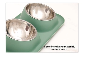 Detail of ergonomic green double pet feeder with removable stainless steel bowls