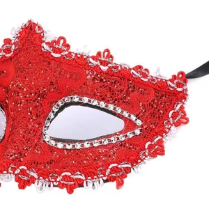 Elegant red lace half-face masquerade mask with sparkling rhinestones for cosplay events