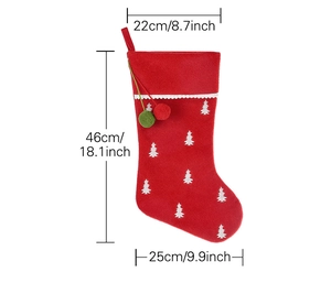 Detail view of large red Christmas stocking showing specific dimensions and white lace trim