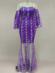 Detail of purple evening gown with silver sequins, mesh puff sleeves and mermaid hem