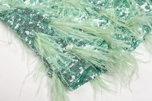 Detail of sequins and feathers on a mint green mini dress with pearl beadwork