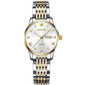 Luminous two-tone stainless steel quartz watch with day-date display and white dial