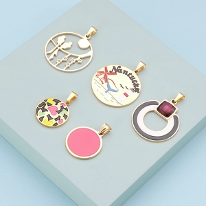 Set of five geometric titanium steel pendants with colorful enamel and gemstone designs