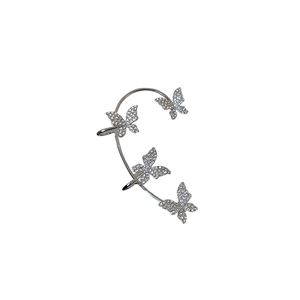 Silver butterfly ear cuff earring with sparkling rhinestones for non-pierced ears
