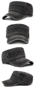 Detailed views of washed grey cotton flat top military cap showing texture and stitching