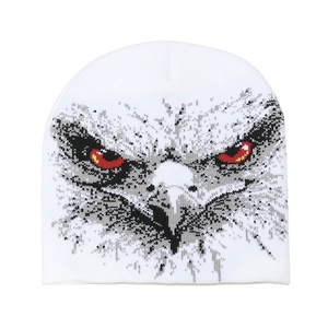 White knit eagle beanie with detailed jacquard graphic for men and women winter fashion
