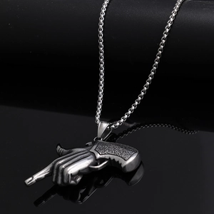 Silver finger gun pistol pendant on box chain with a cool polished stainless steel finish