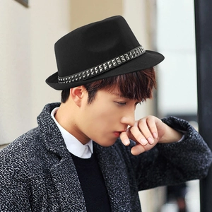 Classic black wool fedora hat with silver punk rivets band for men and women
