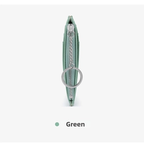 Slim mint green cross-grain coin purse with silver zipper and integrated keychain