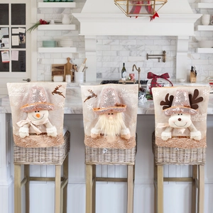 Christmas Chair Back Covers Cartoon Santa Snowman Reindeer Sequin Embroidery Linen Fabric Festive Dining Room Party Decor