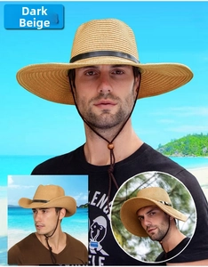 Détail du chapeau de paille homme beige foncé avec bande en cuir et cordon réglable