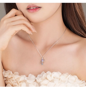 Detailed view of s925 silver planet necklace with purple zircon drops on skin