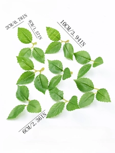 Detailed size guide for artificial silk rose leaves showing various dimensions in cm and inches