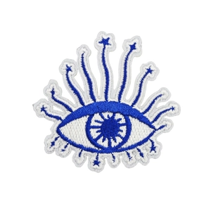 Blue and white Evil Eye embroidery patch with star lashes and detailed stitching on white base