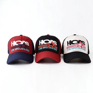 Three embroidered cotton baseball caps in various colors with star patterns and logo