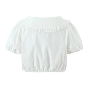 French style white short sleeve cotton blouse with lace collar and cropped fit