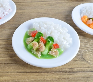 Detailed macro view of miniature PVC rice bowl model with broccoli on wooden table