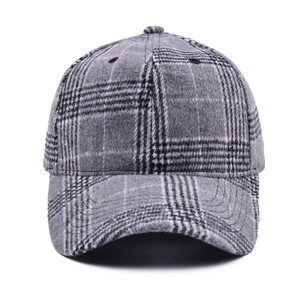 Autumn winter grey plaid baseball cap made of wool blend fabric with curved brim
