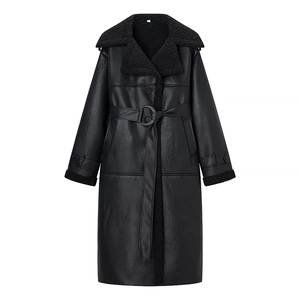 Women's black long PU leather coat with faux fur lining and belted waist design
