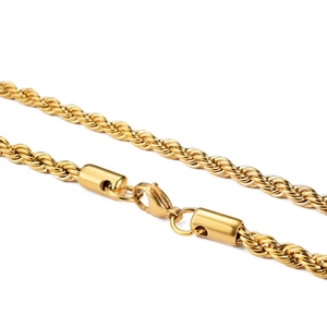 Close-up of golden stainless steel twist chain necklace with secure lobster clasp detail