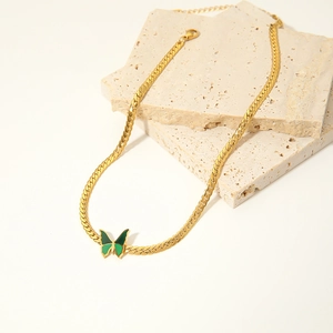 French vintage 18k gold plated stainless steel necklace with green butterfly pendant