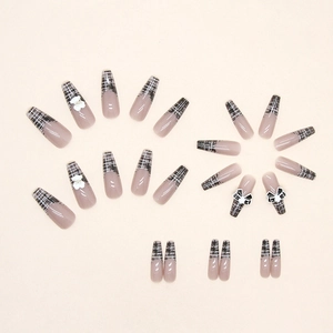 Pink and plaid bowknot press-on nails set with teddy bear and 3D floral accents