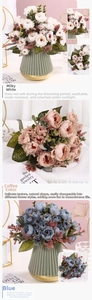 Detailed view of artificial peony silk flowers in ceramic vase with vertical stripes