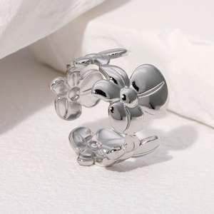Minimalist stainless steel flower open ring in silver finish with adjustable band design