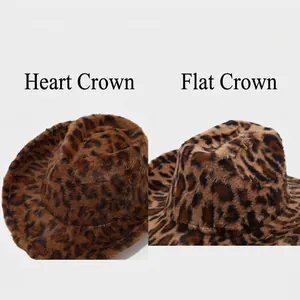 Cow print plush cowboy hats featuring heart and straight top designs in brown leopard faux fur