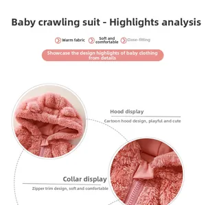 Detail eines rosa Fleece-Baby-Einteilers mit weicher Kapuze und Reißverschluss-Schutz