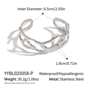 Detailed size chart of a silver hollow irregular stainless steel cuff bangle for women