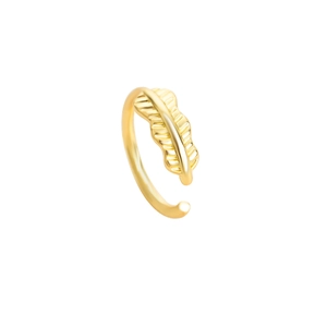 Close-up of golden feather-shaped nose ring with detailed texture and open-end design
