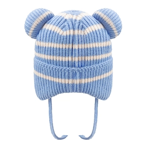 Kids Striped Chenille Knit Beanie Earflap Hat With Bear Ears And Patch Warm Winter Windproof Tie Strap Hat For Baby Boys Girls