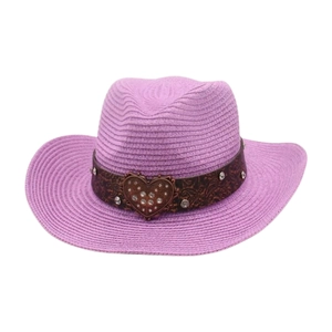 Ethnic style purple woven straw cowboy hat with vintage buckle and rhinestone band