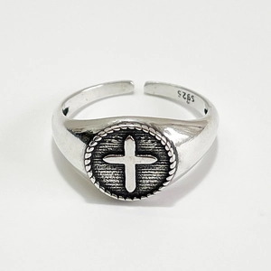 925 Sterling Silver Cross Ring For Women Retro Round Shield Adjustable Open Band Vintage Geometric Jewelry