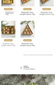 Detailed view of Christmas bell ornaments with red bows and berries in festive gift boxes