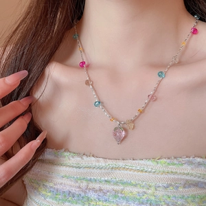 Collana Di Perle Di Cristallo Dolce Con Pendente A Fragola Perle Occhio Di Gatto Blu Catena In Lega Argentata Per Donne