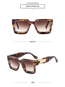 Detail view of tortoiseshell square sunglasses with gradient tea lenses and gold metal accent