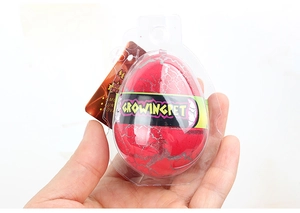 Close-up of red cracked dinosaur egg toy in plastic blister pack with Growing Pet tag