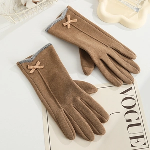 Gants d'hiver tactiles en fourrure de lapin marron avec décoration de nœud élégant