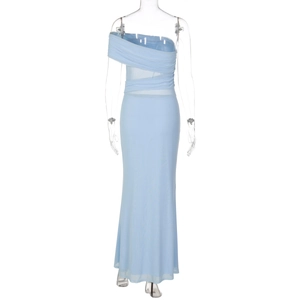Detail view of light blue one-shoulder long dress with waist cutout design on mannequin
