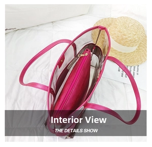 Internal view of transparent PVC beach bag with magenta inner pouch and magnetic snap closure