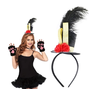 Detail of Halloween cat headband with red flowers, black feathers and paw gloves