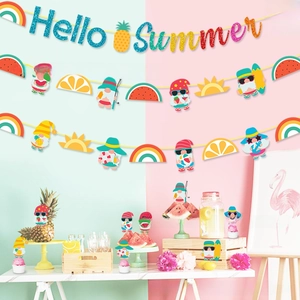 Close-up of Hello Summer banner with colorful gnomes and tropical watermelon decor