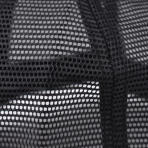 Close-up of high-density breathable black mesh material with reinforced stitching details