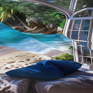 Close-up of tropical beach landscape tapestry with vivid palm trees and ocean print