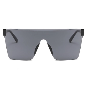 Flat top oversized one-piece sunglasses with dark grey lenses and a black frame